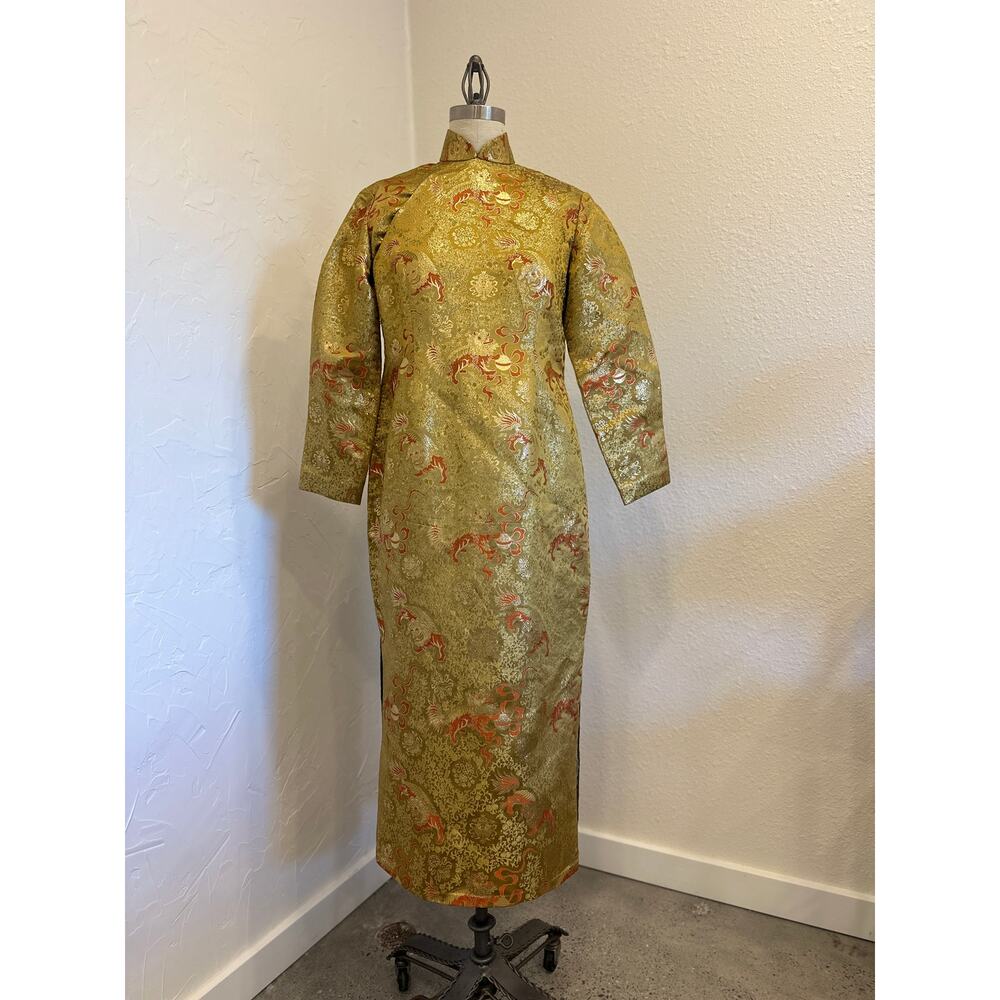 Vintage Brocade Mandarin Collar Dress Gold Metallic Jacquard Silk Midi